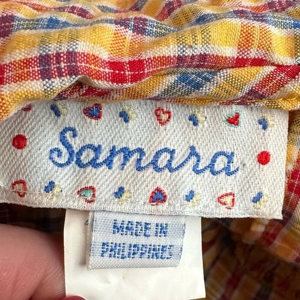 Vintage Samara Baby Girl Bubble Romper 24M One Pc Plaid Collar yellow blue red